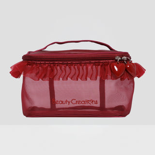 Red Ruffle Mesh Cosmetic Bag with Heart Zipper Pulls