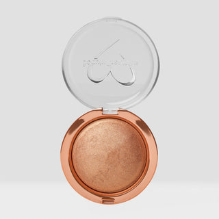 Open bronzer compact with rose gold case on a light gray background. Shade is Melted Gold Shimmer Veil Beauty Creations Face and Body Highlighter