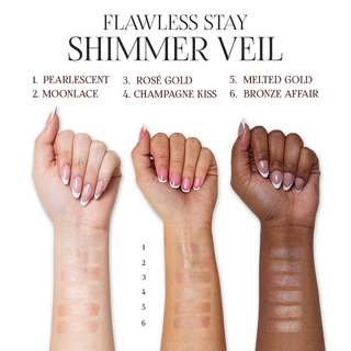 Three hands with different skin tones displaying a 'Flawless Stay Shimmer Veil' product swatch. This swatch illustrates the colors on various skin tones from fair skin tone, medium skin tone to dark skin tone. Swatches show the color payoff on different skin tones.